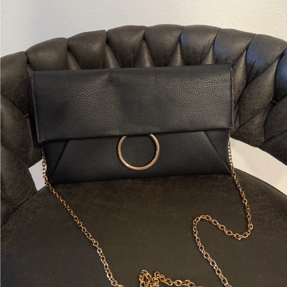 Black Chain Shoulder Clutch with Gold Ring Accent